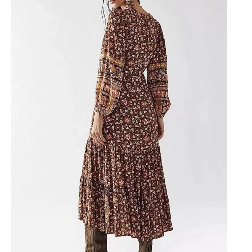 NWT💫Exclusive💫 Spell/Free People Madame Peacock Button Thru Gown in Coffee med - Picture 3 of 12